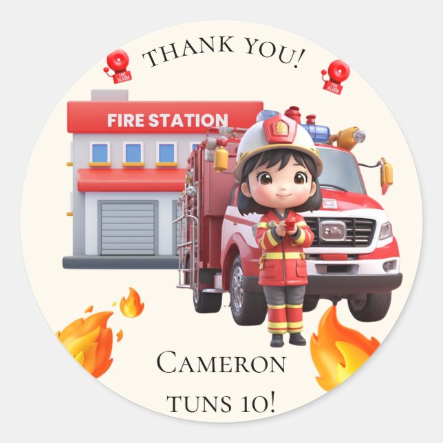 Sticker Rond Cute Kawaii Pompier Girl et Camion d'incendie (Devant)