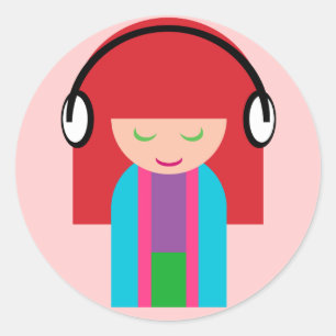 Sticker Rond Cute Kawaii Redhead Girl à écouter de la musique