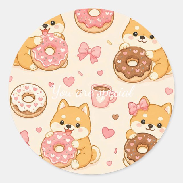 Sticker Rond Cute Kawaii Shiba Inu Donut Pattern (Devant)