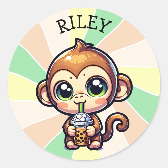 Sticker Rond Cute Kawaii Singe avec thé bulle Personnalisé (Devant)