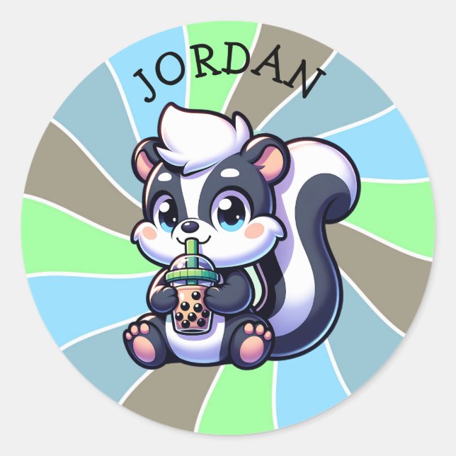 Sticker Rond Cute Kawaii Skunk with Bubble Tea Personnalisé (Devant)