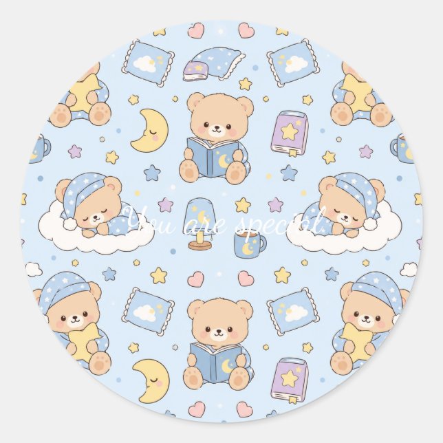 Sticker Rond Cute Kawaii Sleepy Teddy Bear Pattern | Pastel Bed (Devant)