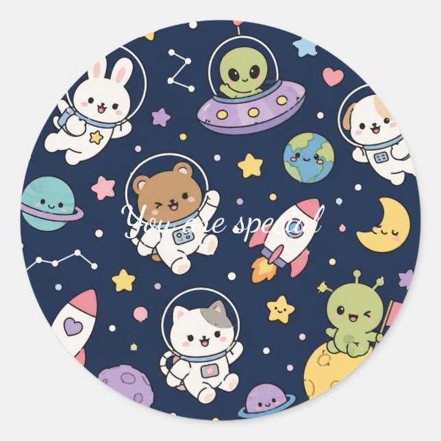 Sticker Rond Cute Kawaii Space Animals Pattern | Pastel Galaxy  (Devant)