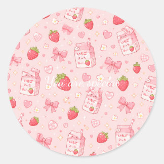 Sticker Rond Cute Kawaii Strawberry Pattern Pink Past