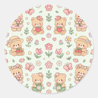 Sticker Rond Cute Kawaii Teddy Bear Flower Garden Pattern | Pas