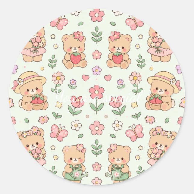 Sticker Rond Cute Kawaii Teddy Bear Flower Garden Pattern | Pas (Devant)