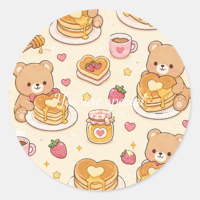 Sticker Rond Cute Kawaii Teddy Bear Pancake Pattern (Devant)