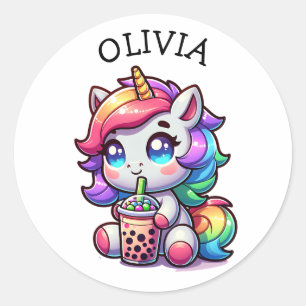 Sticker Rond Cute Kawaii Unicorne avec thé bulle Personnalisé