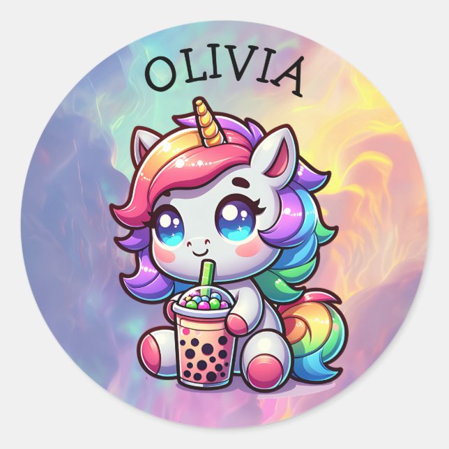 Sticker Rond Cute Kawaii Unicorne avec thé bulle Personnalisé (Devant)