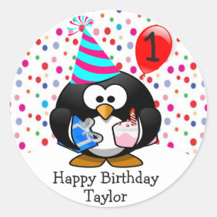 Sticker Rond Cute Kid 1er Joyeux Pingouin d'anniversaire