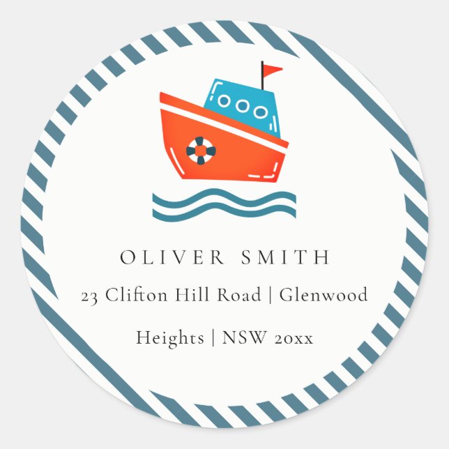 Sticker Rond Cute Kids Nautical Boat Ocean Waves Adresse (Devant)