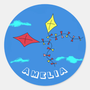 Sticker Rond Cute Kites Rouge Jaune avec nom Anniversaire de en