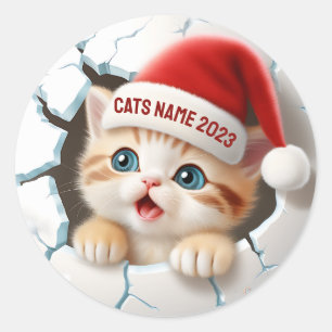 Sticker Rond Cute Kitten 3D à Père Noël Casquette pour Noël