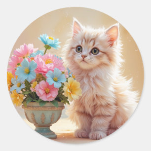 Sticker Rond Cute Kitten aux fleurs pastel