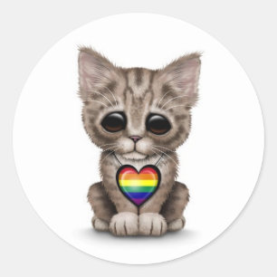 Sticker Rond Cute Kitten avec Coeur Gay pride arc-en-ciel, blan