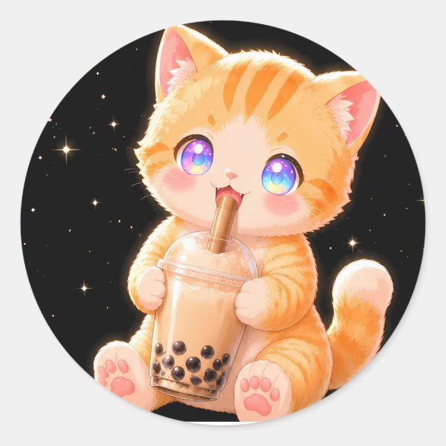 Sticker Rond Cute Kitten & Bubble Tea (Devant)