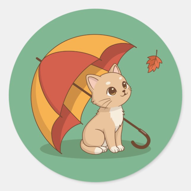 Sticker Rond Cute Kitten Cat Red Yellow Umbrella Fall Green (Devant)