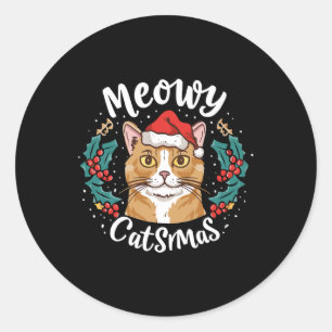 Sticker Rond Cute Kitten Chat Noël Santa Hat Meowy Catmas W