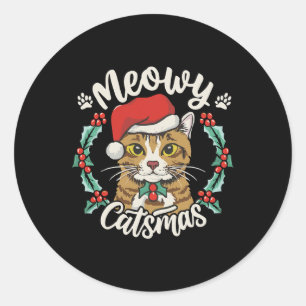 Sticker Rond Cute Kitten Chat Noël Santa Hat Meowy Catmas W
