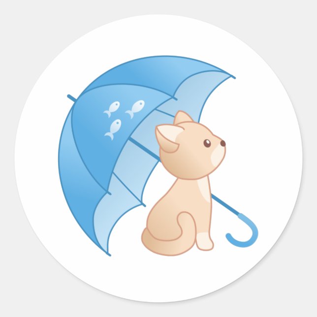 Sticker Rond Cute Kitten Chat sous Parapluie Bleu Classic Round (Devant)
