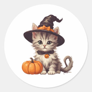 Sticker Rond Cute Kitten en costume sorcier Halloween