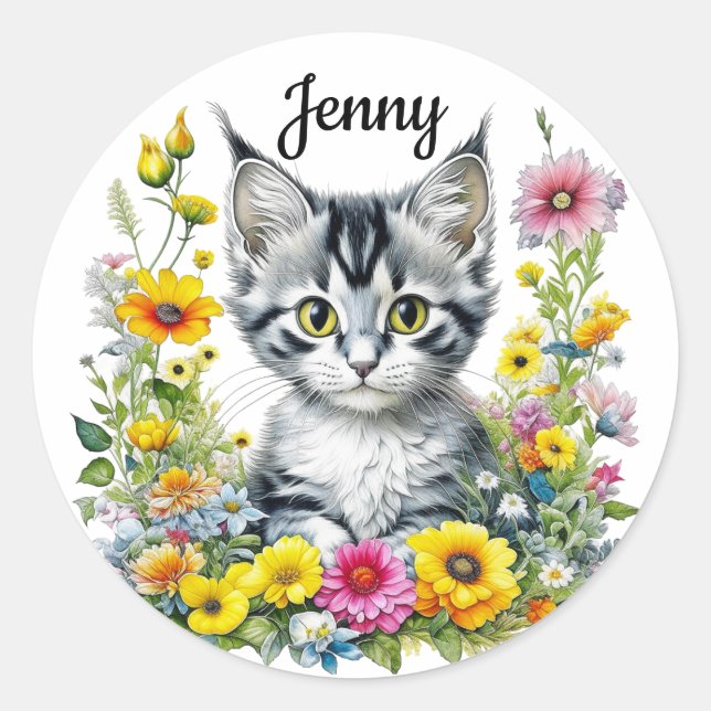 Sticker Rond Cute Kitten entouré de fleurs Personnalisé (Devant)
