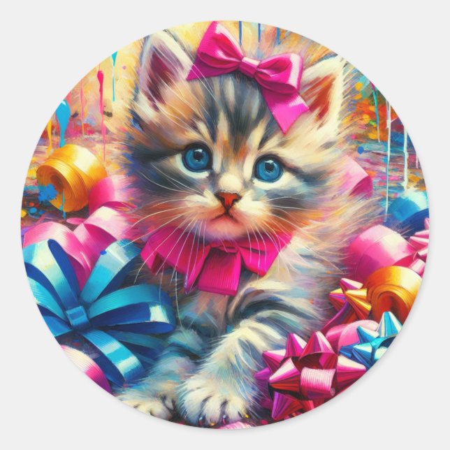 Sticker Rond Cute Kitten Jouer dans les bows d'anniversaire (Devant)