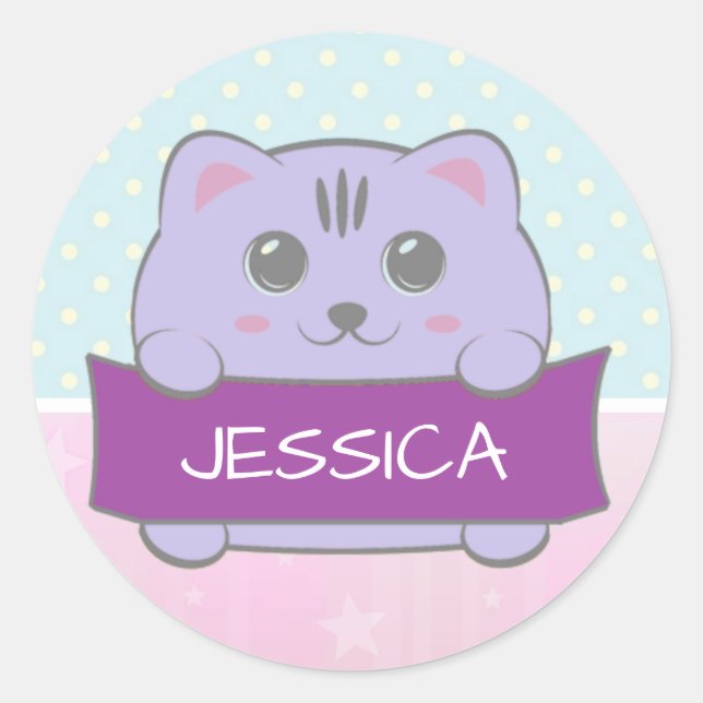 Sticker Rond Cute Kitten Personalised Polka Dot (Devant)