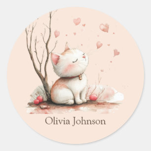 Sticker Rond Cute Kitten personnalisé avec les coeurs