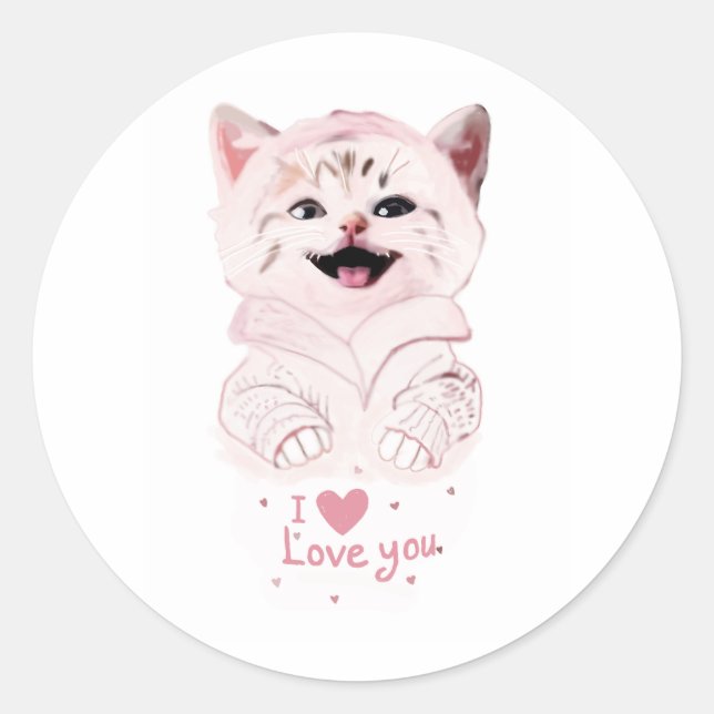 Sticker Rond Cute Kitten rose (Devant)