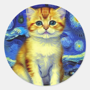 Sticker Rond Cute Kitten Starry Night Van Gogh