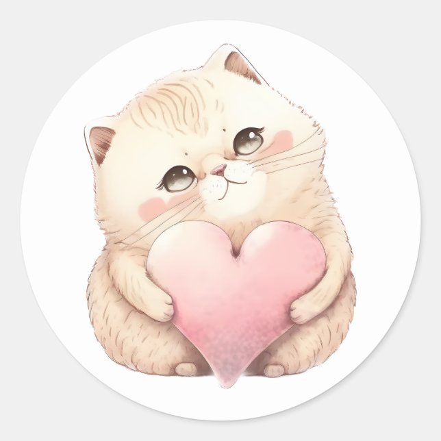 Sticker Rond Cute Kitten Valentines Coeur Rose Aquarelle Chat (Devant)