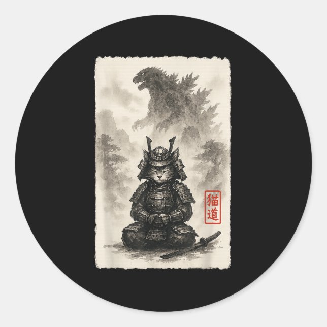 Sticker Rond Cute Kitty Catzilla Angry Kaiju Anime Chat Monster (Devant)