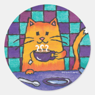 Sticker Rond Cute Kitty Chat Boire Du Thé "Kit-THÉ Cat"