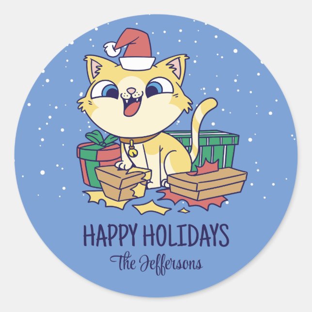 Sticker Rond Cute Kitty Noël Chat Snowy Vacances d'hiver (Devant)