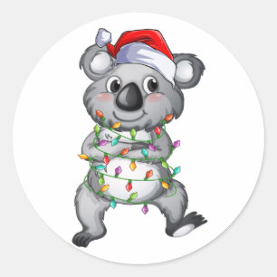 Sticker Rond Cute koala aux lumières de Noël classique manche r