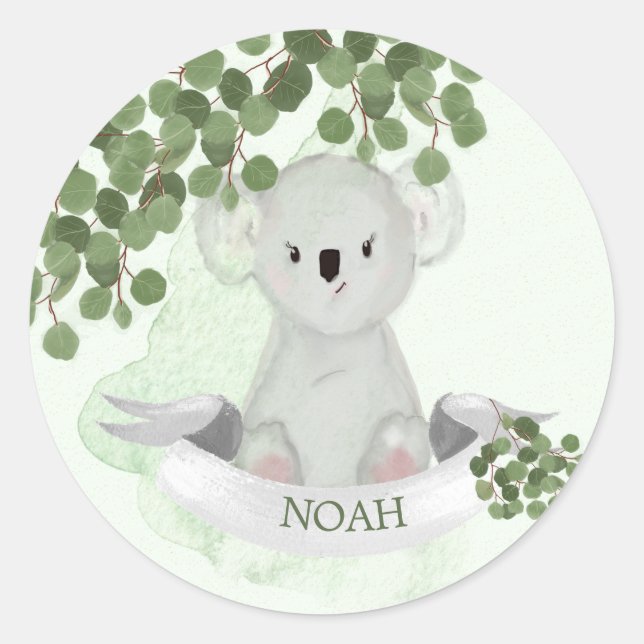 Sticker Rond Cute Koala Baby Animal Vert Feuille frontière (Devant)