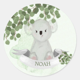 Sticker Rond Cute Koala Baby Animal Vert Feuille frontière