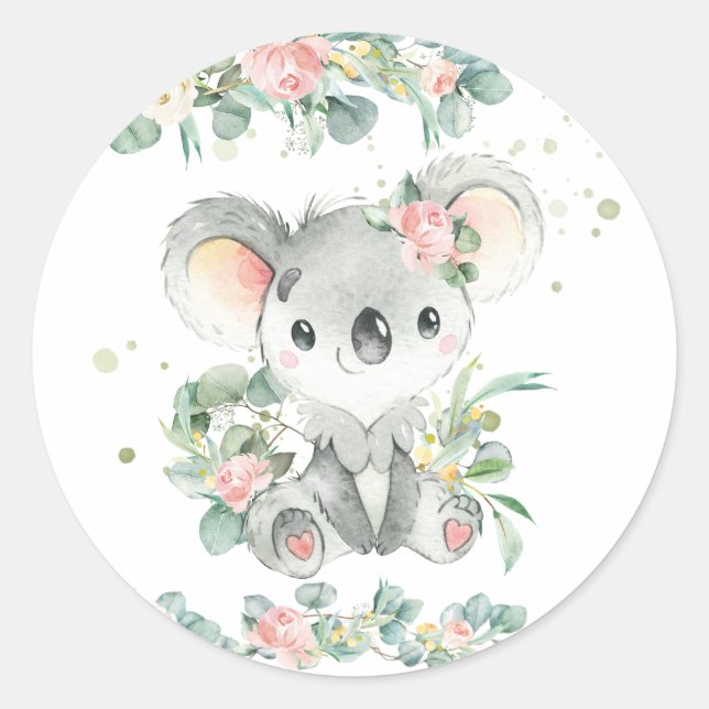 Sticker Rond Cute Koala Eucalyptus rose Fleur Faveur (Devant)