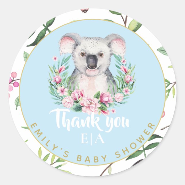 Sticker Rond Cute Koala Ours Monogramme Baby shower Merci (Devant)