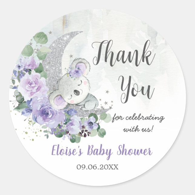 Sticker Rond Cute Koala Purple Floral Moon Baby shower Annivers (Devant)