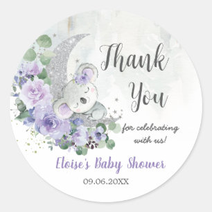 Sticker Rond Cute Koala Purple Floral Moon Baby shower Annivers
