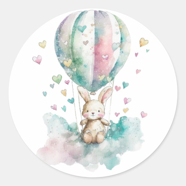 Sticker Rond Cute lapin et ballon, aquarelle, coeurs (Devant)