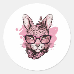 Sticker Rond Cute Lapin Visage Rose lunettes Léopard Floral Pâq