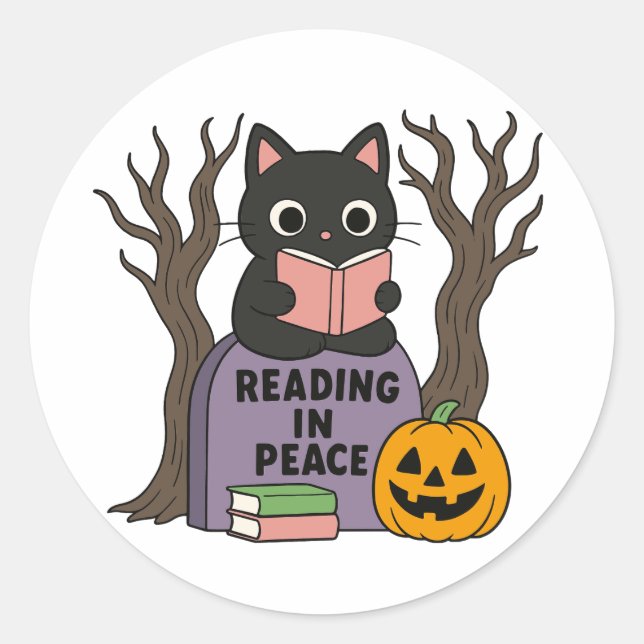 Sticker Rond Cute lecture de chat noir en paix (Devant)