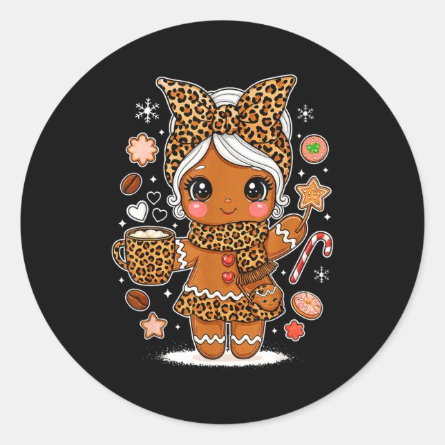 Sticker Rond Cute Leopard Gingerbread Girl Coquette Bow Holiday (Devant)