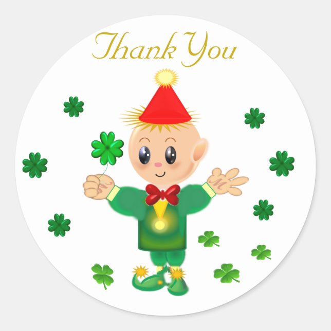 Sticker Rond Cute leprechaun & Merci shamrock chanceux (Devant)
