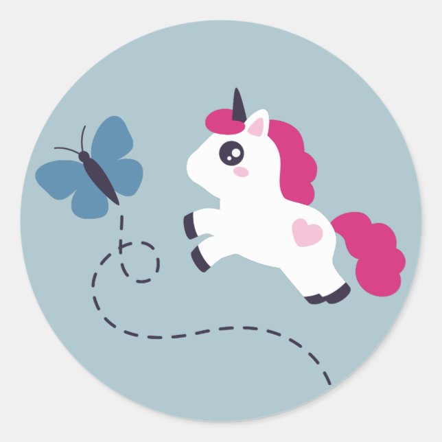 Sticker Rond Cute licorne blanche avec un papillon (Devant)