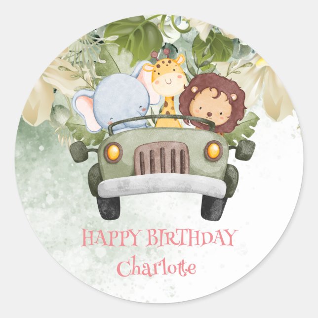 Sticker Rond Cute lion race car Safari jungle Anniversaire fête (Devant)