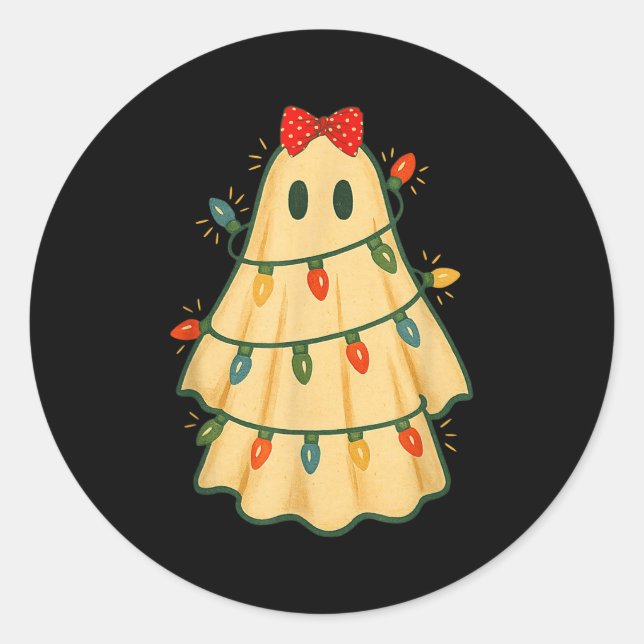 Sticker Rond Cute Lit Ghost Christmas Tree Funny Gift Halloween (Devant)